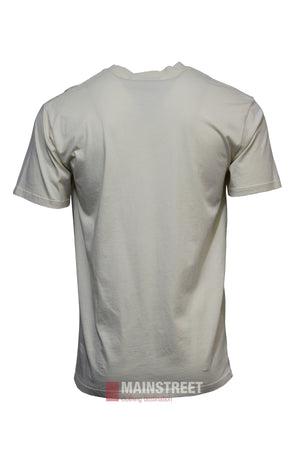 A relaxed fit Pilbara Oil Can T-Shirt in plain white, short-sleeve style, shown from the back on a white background. Features the Pilbara logo for a classic touch. "MAINSTREET flooring destination" watermark at bottom.