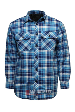 The Pilbara Flannelette Quilted Shirt is a blue and white plaid, long-sleeve, 100% cotton button-up with two front chest pockets and black buttons, shown on a white background. The "MAINSTREET" brand name appears near the hem.