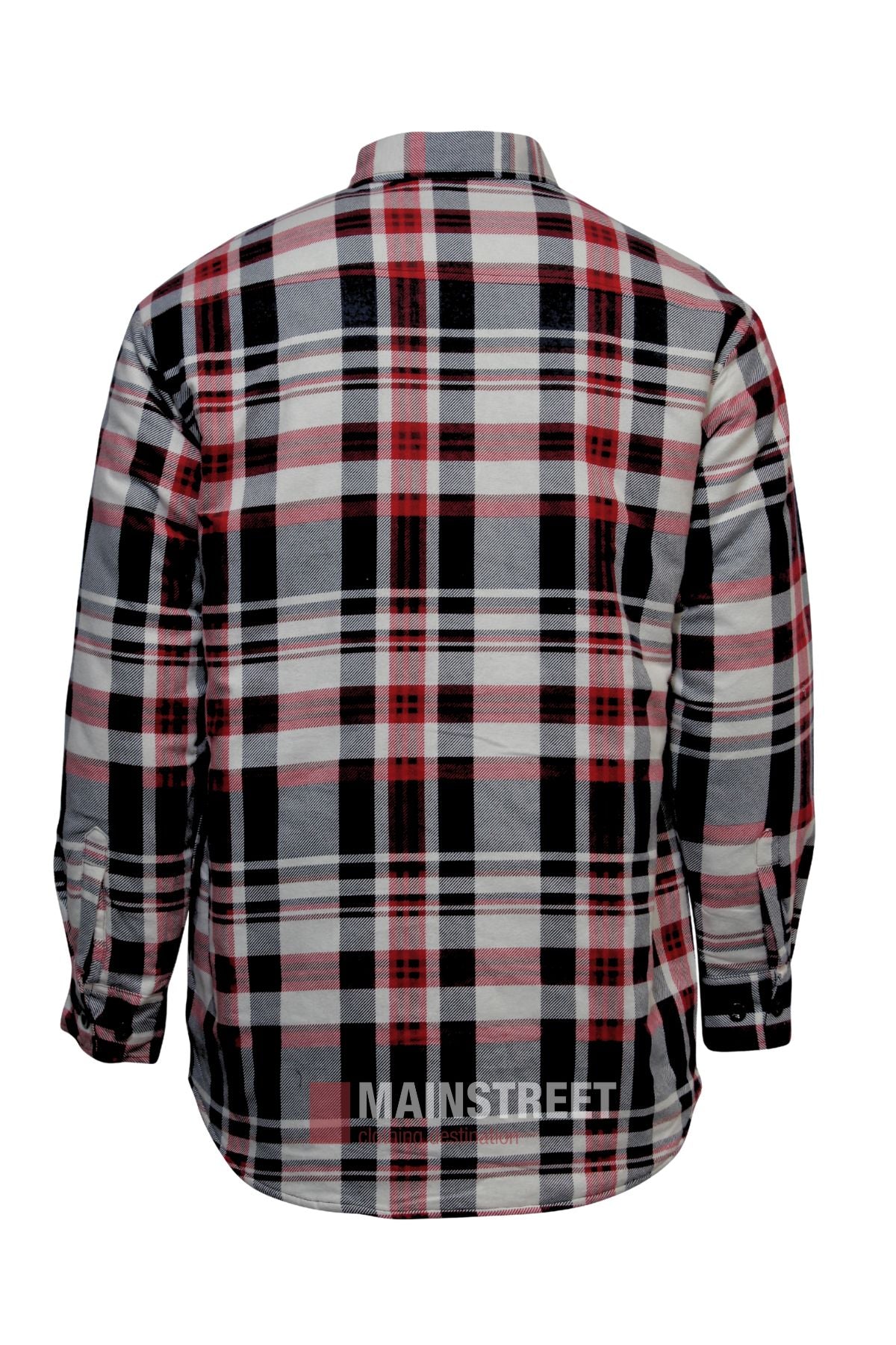 The Pilbara Flannelette Quilted Shirt is a long-sleeved, button-up 100% cotton shirt with red, black, gray, and white plaid and buttoned chest pockets. "MAINSTREET" is printed at the bottom of the back.