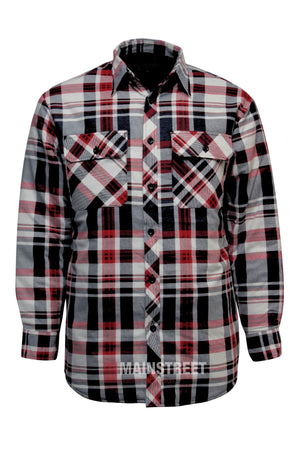 The Pilbara Flannelette Quilted Shirt is a 100% cotton, long-sleeve button-up with a red, black, white, and gray plaid pattern. It features two chest pockets with flaps and black buttons.