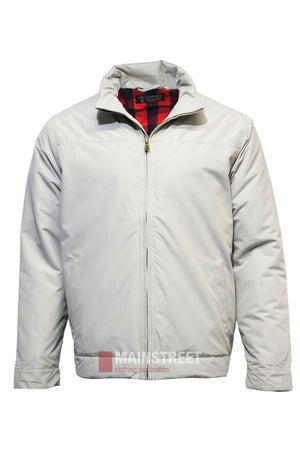 The Pilbara Quilted Jacket is a light gray zip-up with a stand-up collar, long sleeves, and plaid lining at the collar. It features two side pockets and a clean, comfortable design.