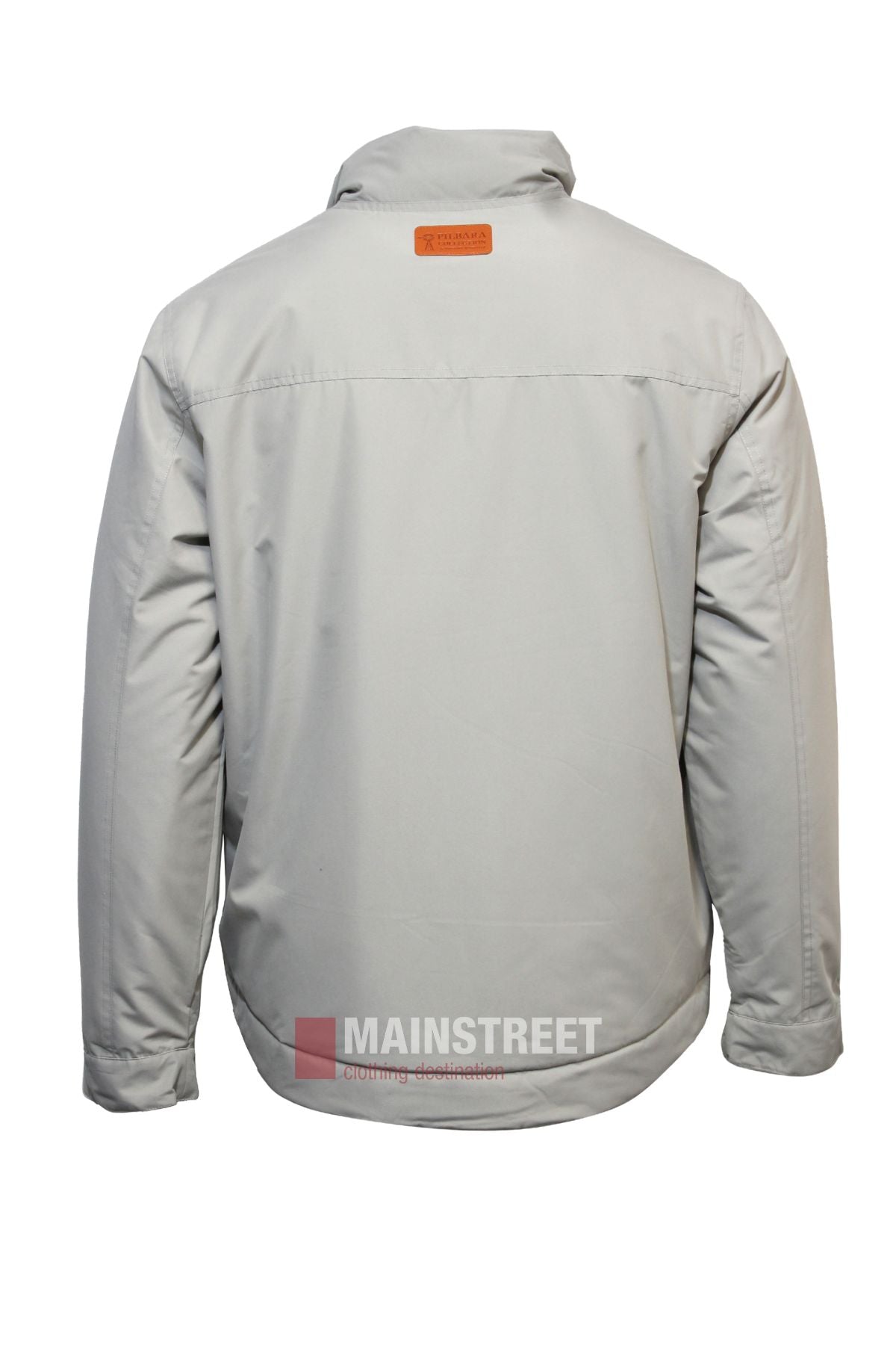 Back view of the comfortable Pilbara Quilted Jacket in light grey, featuring a collar, long sleeves, a small brown patch on the upper back, and a faint "MAINSTREET" logo near the bottom.