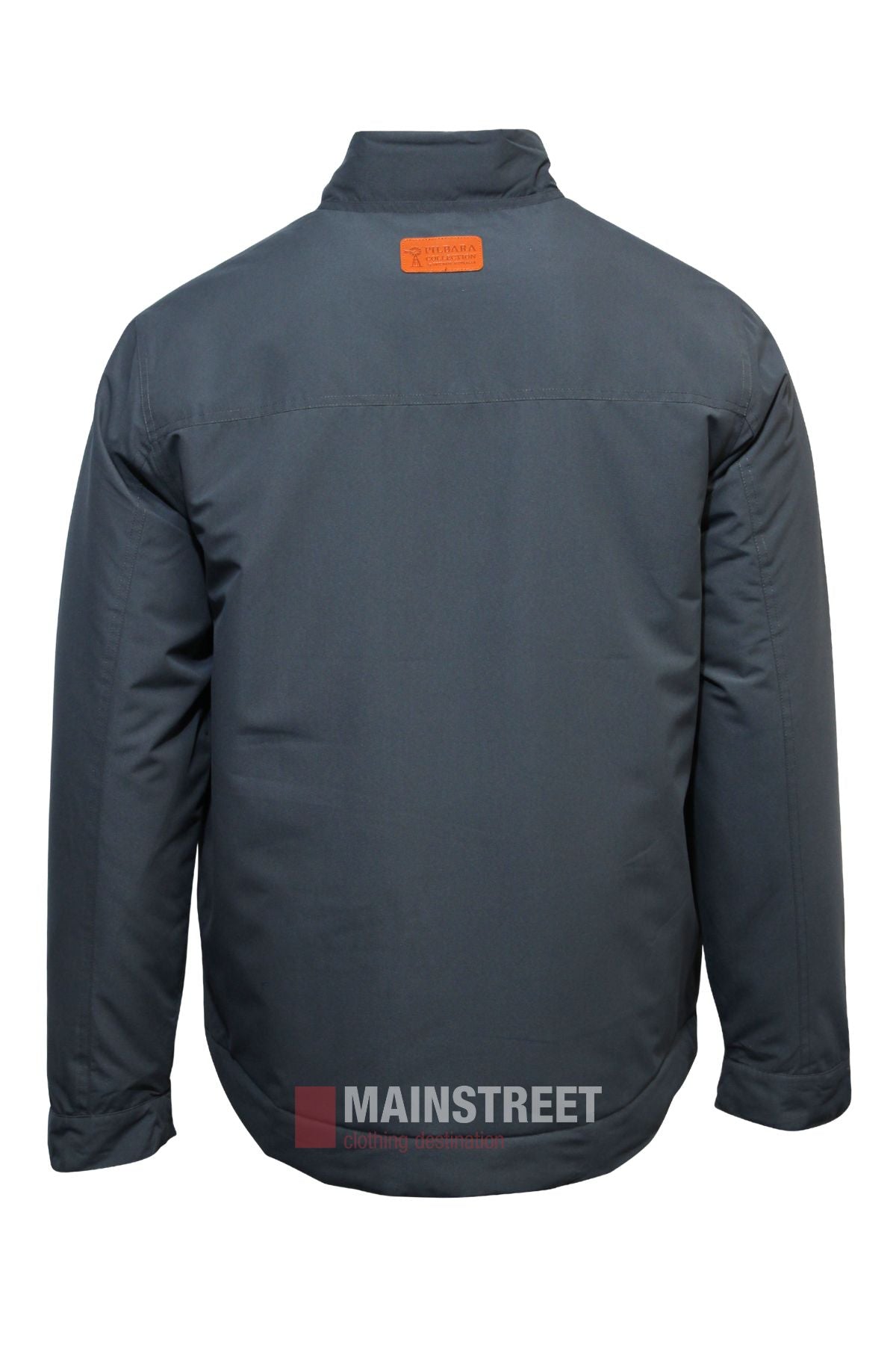 The Pilbara Quilted Jacket is a dark grey classic fit with long sleeves, shown from the back. It features a rectangular orange patch near the collar, "MAINSTREET" branding at the bottom, and a straight hem.