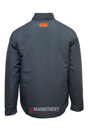The Pilbara Quilted Jacket is a dark grey classic fit with long sleeves, shown from the back. It features a rectangular orange patch near the collar, "MAINSTREET" branding at the bottom, and a straight hem.