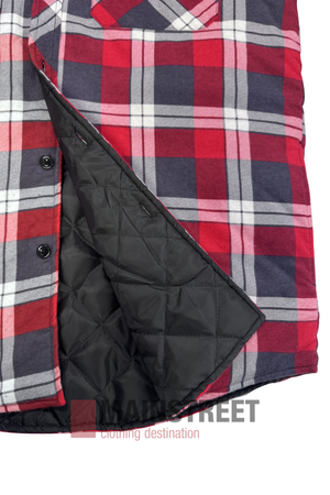 A close-up of the Pilbara Flannelette Quilted Shirt in red, black, and white plaid with a visible black lining—partially unbuttoned to reveal its quilted interior, ideal for layering in classic Pilbara style.