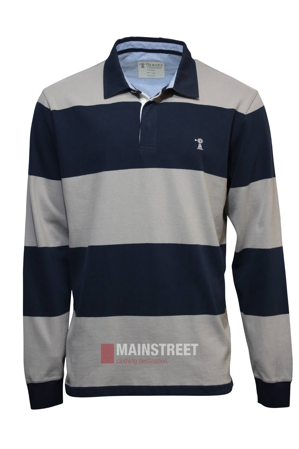The Pilbara Rugby Jersey is a comfortable, 100% cotton long-sleeve with wide navy blue and light gray stripes, a navy collar, and a small white embroidered logo on the left chest for added style and softness.