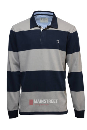 The Pilbara Rugby Jersey is a comfortable, 100% cotton long-sleeve with wide navy blue and light gray stripes, a navy collar, and a small white embroidered logo on the left chest for added style and softness.
