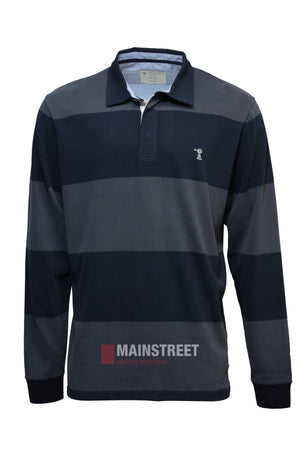 The Pilbara Rugby Jersey is a long-sleeve, collared shirt with wide navy blue and gray stripes, made from 100% cotton and featuring a small white embroidered logo on the left chest.