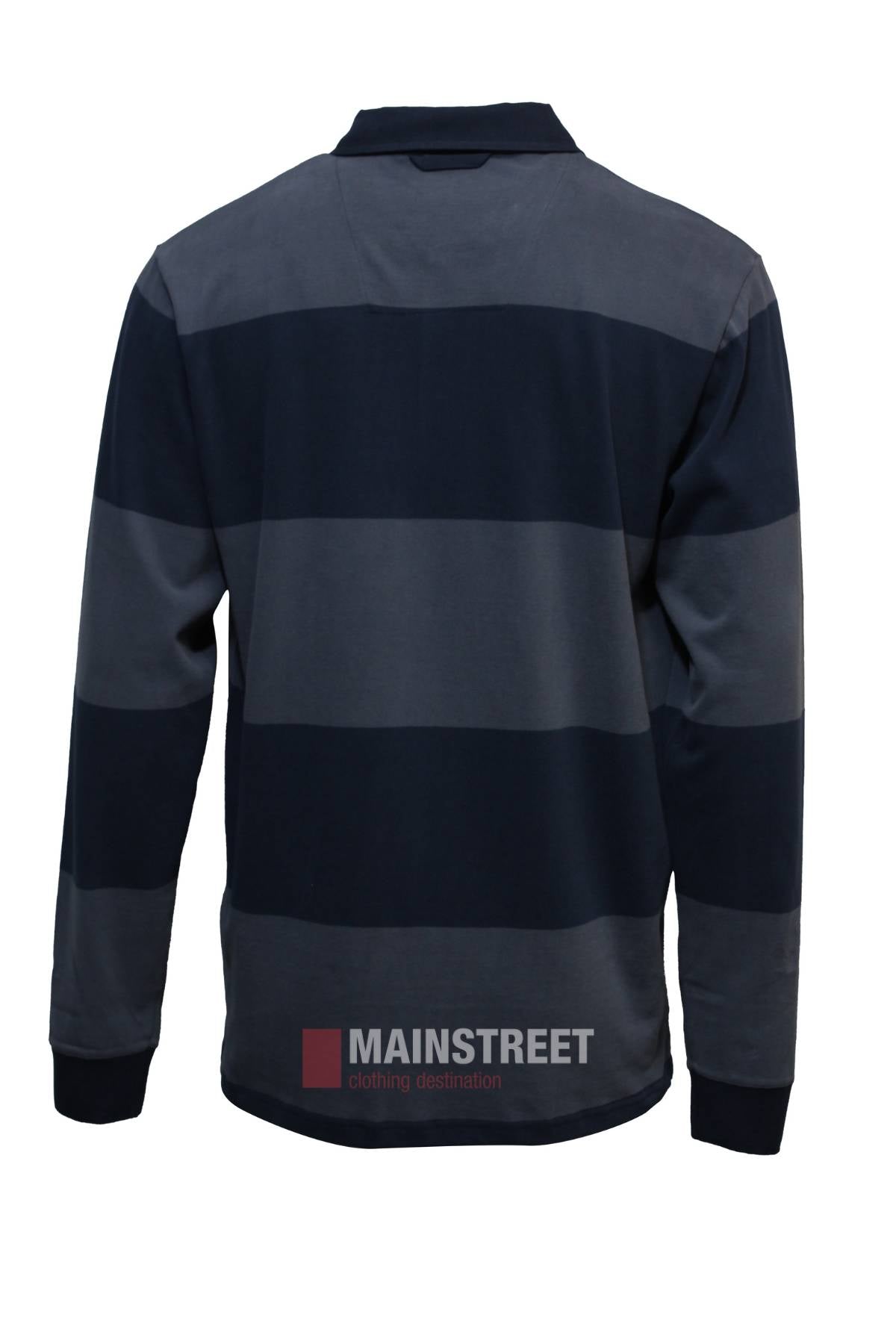 The Pilbara Rugby Jersey is a long-sleeved, 100% cotton shirt with wide dark navy and gray stripes, shown from the back. It features a collar, ribbed cuffs, and offers a comfortable fit.