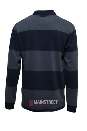 The Pilbara Rugby Jersey is a long-sleeved, 100% cotton shirt with wide dark navy and gray stripes, shown from the back. It features a collar, ribbed cuffs, and offers a comfortable fit.