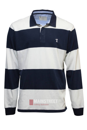 The Pilbara Rugby Jersey features wide navy and white stripes, a navy collar, and a subtle white embroidered logo on the left chest—ideal for casual wear.