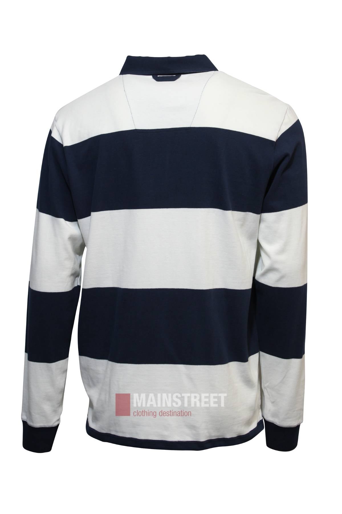 The Pilbara Rugby Jersey, shown from the back, is a navy blue and white long-sleeve shirt with wide horizontal stripes. Made from 100% cotton, it features a collar and ribbed cuffs—ideal for casual wear.