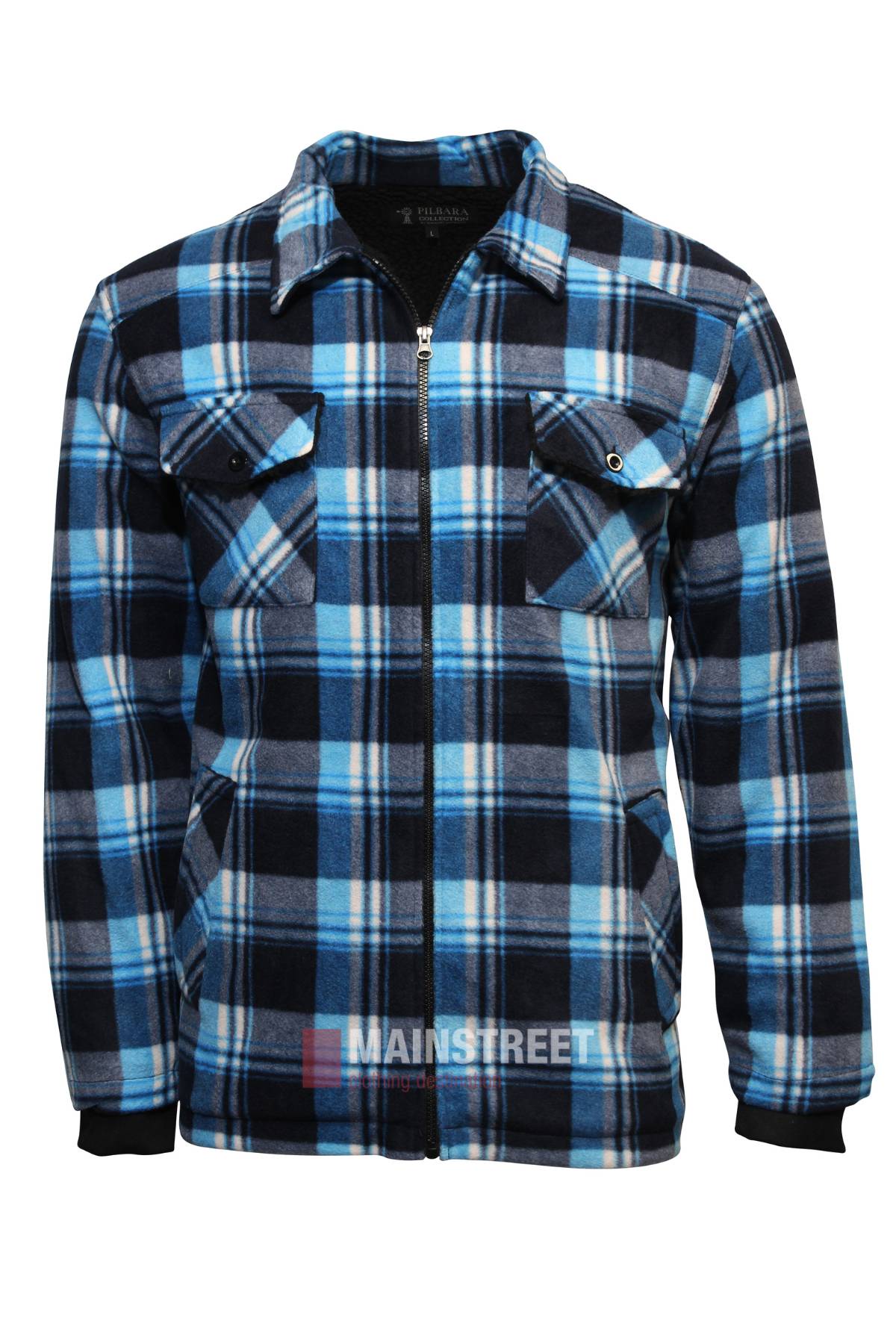 The Pilbara Sherpa Lined Check Jacket is a blue, black, and white plaid polyester zip-up with rib knit cuffs, two front chest pockets, and a collar, shown on a white background.