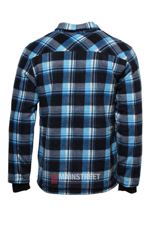 The Pilbara Sherpa Lined Check Jacket is a long-sleeved flannel with a blue, black, and white plaid pattern, rib knit cuffs, a collar, and shown from the back.