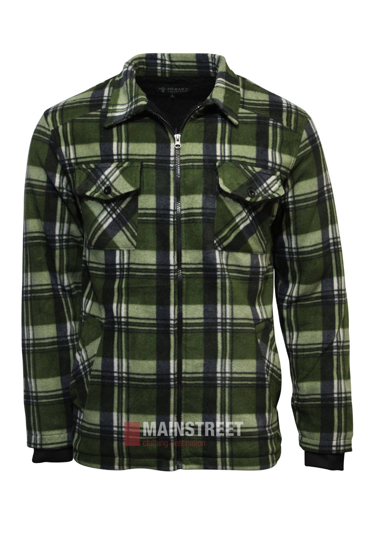 The Pilbara Sherpa Lined Check Jacket features a green, black, and white plaid design, cozy sherpa lining, zip-up front, and two buttoned chest pockets, shown on a plain white background.