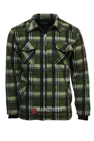 The Pilbara Sherpa Lined Check Jacket features a green, black, and white plaid design, cozy sherpa lining, zip-up front, and two buttoned chest pockets, shown on a plain white background.