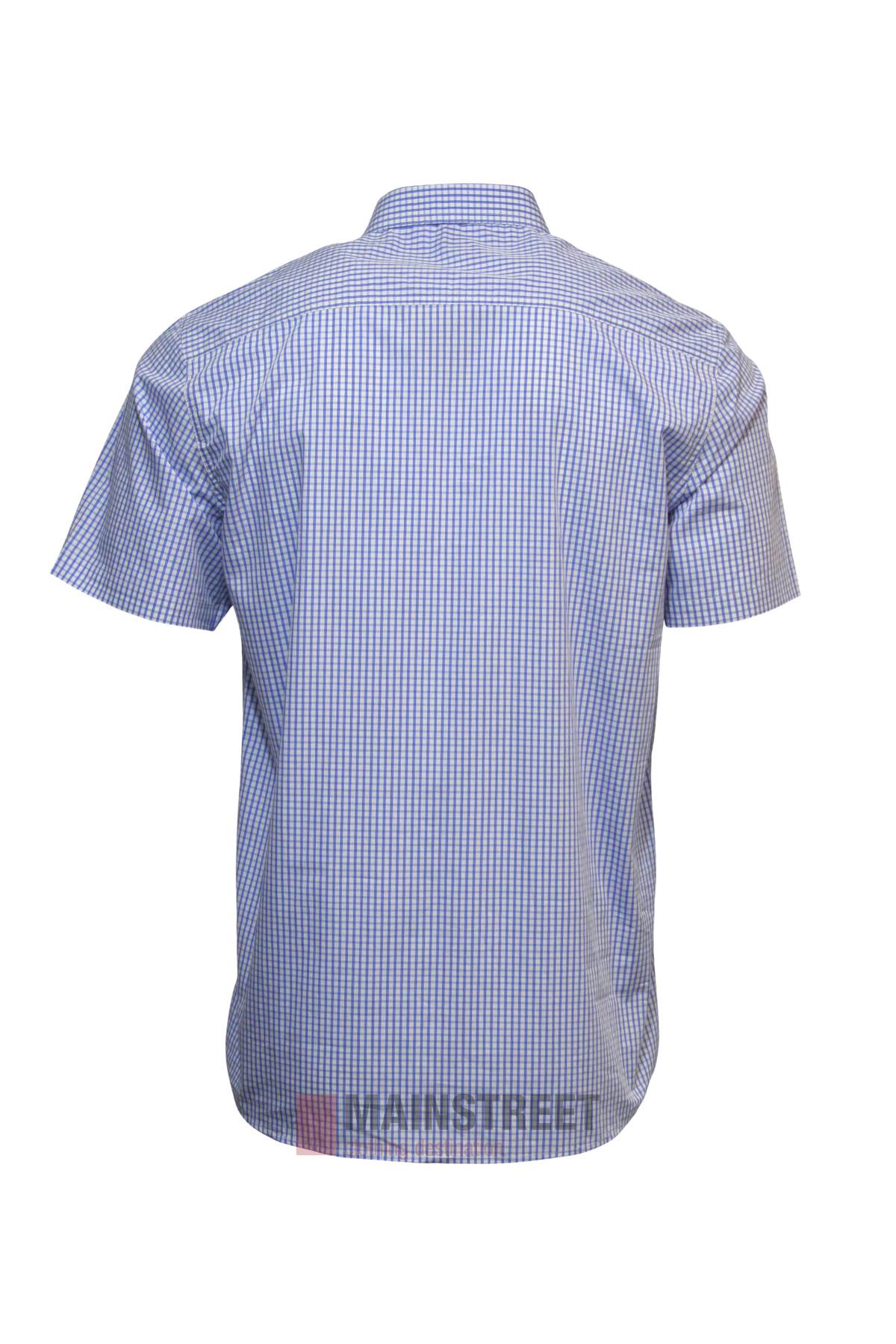Back view of the Pilbara Short Sleeve Check Double Pocket Shirt, featuring a blue and white small checkered pattern and button-up design. Displayed on a plain white background.