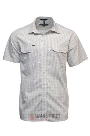 The Pilbara Short Sleeve Check Double Pocket Shirt is a men's cotton button-up with light checkered pattern, two flap chest pockets, and "MAINSTREET" branding at the hem. Inspired by classic Australian workwear.