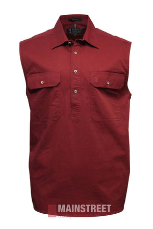 The Pilbara Sleeveless Closed Front Shirt is a maroon cotton twill shirt with a button front and two chest pockets with buttoned flaps, shown on a white background with the "MAINSTREET" logo at the bottom.