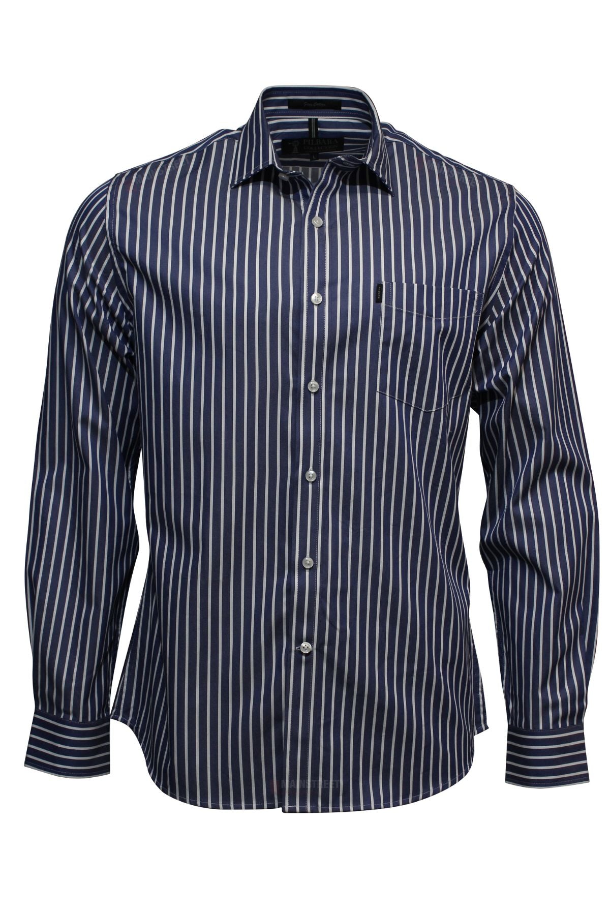 The Pilbara Stripe Single Pocket Long Sleeve Shirt features navy blue fabric with vertical white stripes, a single chest pocket, and a soft cotton finish, shown against a plain white background.