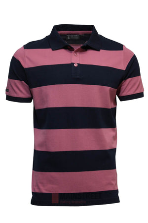 The Pilbara Striped Polo is a 100% cotton shirt with wide pink and navy stripes, a classic collar, and a three-button placket.