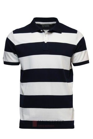 The Pilbara Striped Polo is a 100% cotton shirt with wide navy and white horizontal stripes, a classic collar, and a two-button placket, shown on a plain white background.
