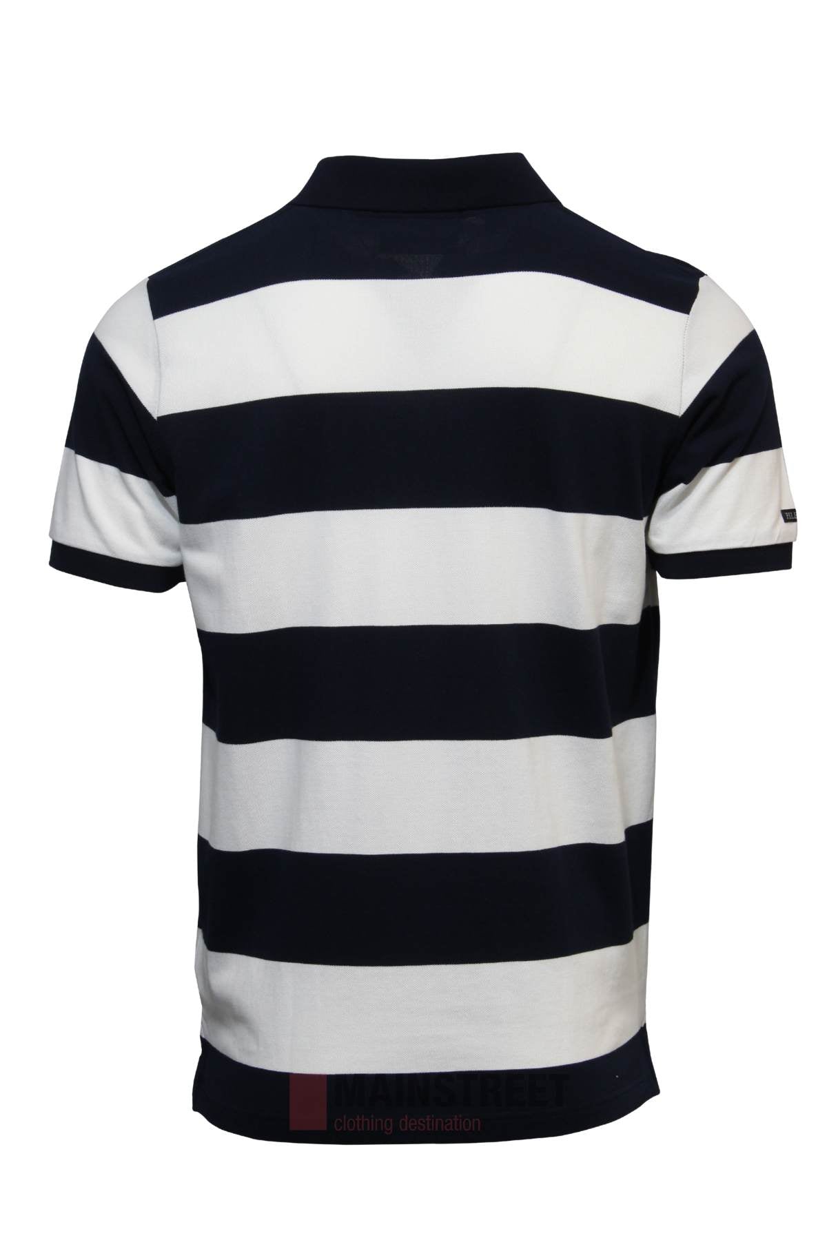 The Pilbara Striped Polo features wide horizontal black and white stripes, a classic collar, and a straight hem. Made from 100% cotton, this short-sleeved polo is shown from the back.