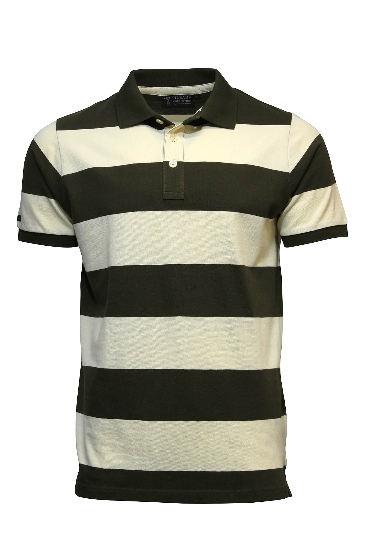 The Pilbara Striped Polo is a 100% cotton shirt featuring wide dark green and off-white stripes, a classic collar, and a two-button placket.