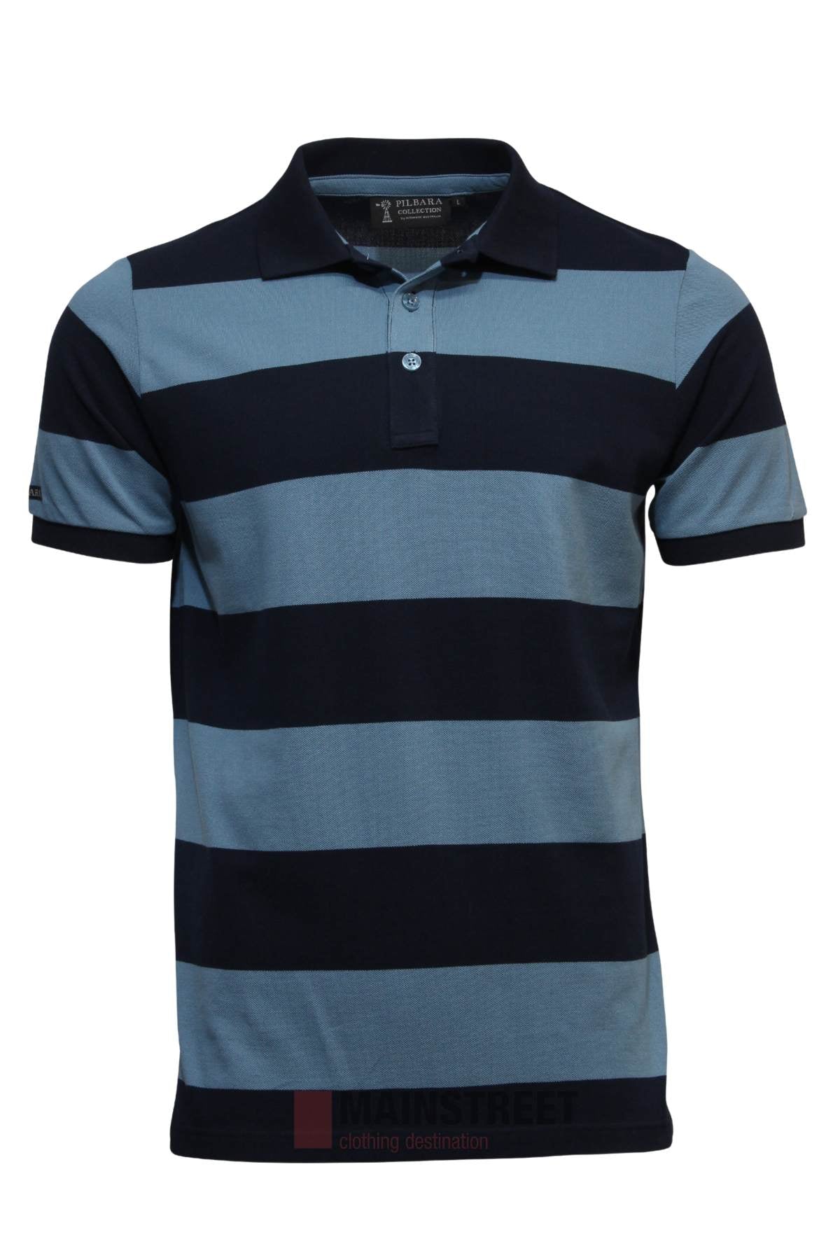 The Pilbara Striped Polo is a menβs short-sleeve shirt with wide navy and light blue stripes, a classic collar, and a three-button placket. Made from 100% cotton, it is shown on a plain white background.