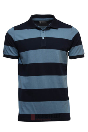 The Pilbara Striped Polo is a menβs short-sleeve shirt with wide navy and light blue stripes, a classic collar, and a three-button placket. Made from 100% cotton, it is shown on a plain white background.