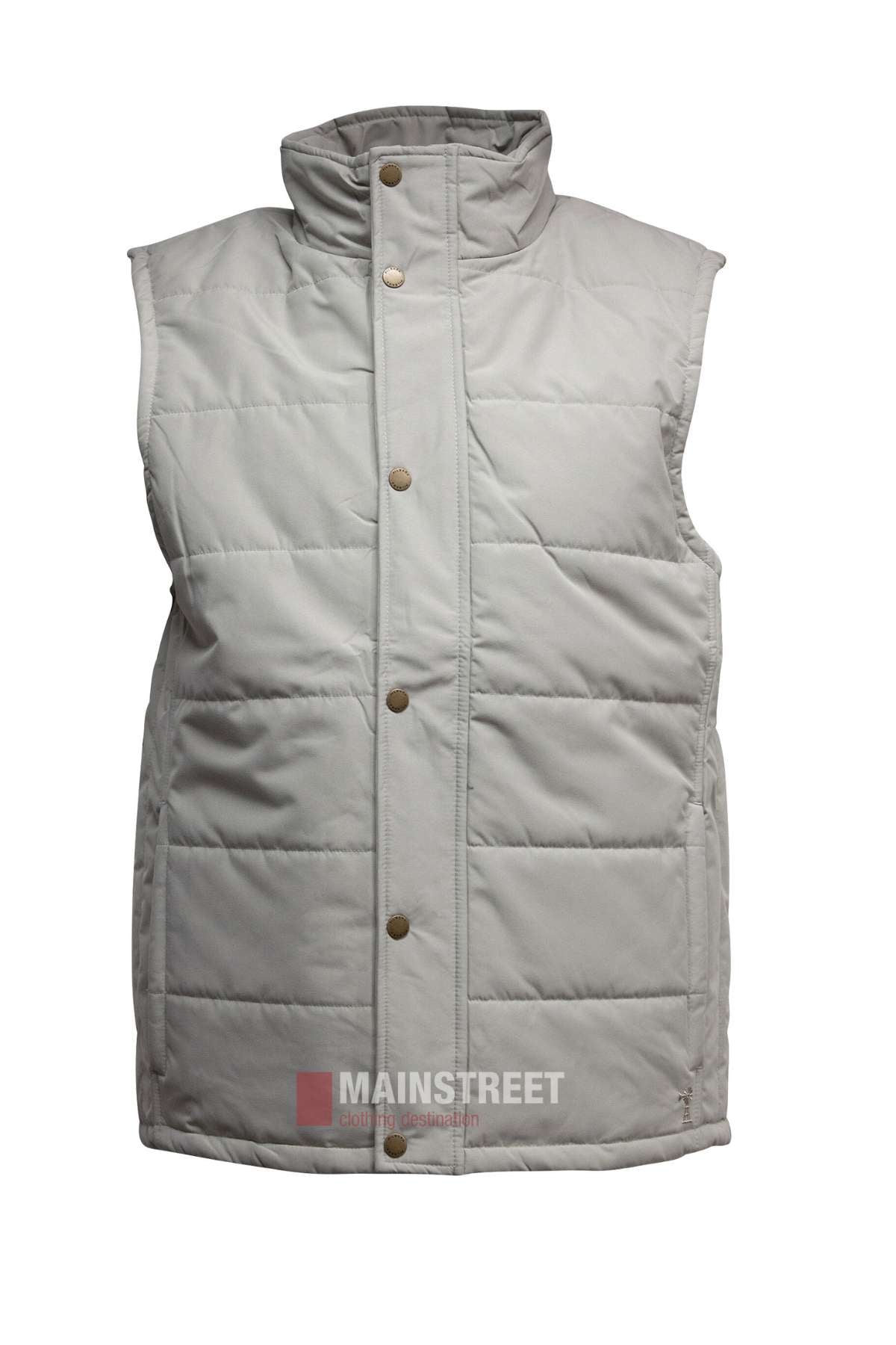 The Pilbara Vest is a light gray, sleeveless microfibre waterproof vest with polyfill padding, a classic fit, high collar, and snap button closure. Shown on a plain white background.