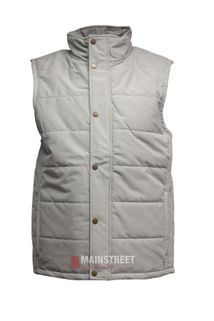 The Pilbara Vest is a light gray, sleeveless microfibre waterproof vest with polyfill padding, a classic fit, high collar, and snap button closure. Shown on a plain white background.