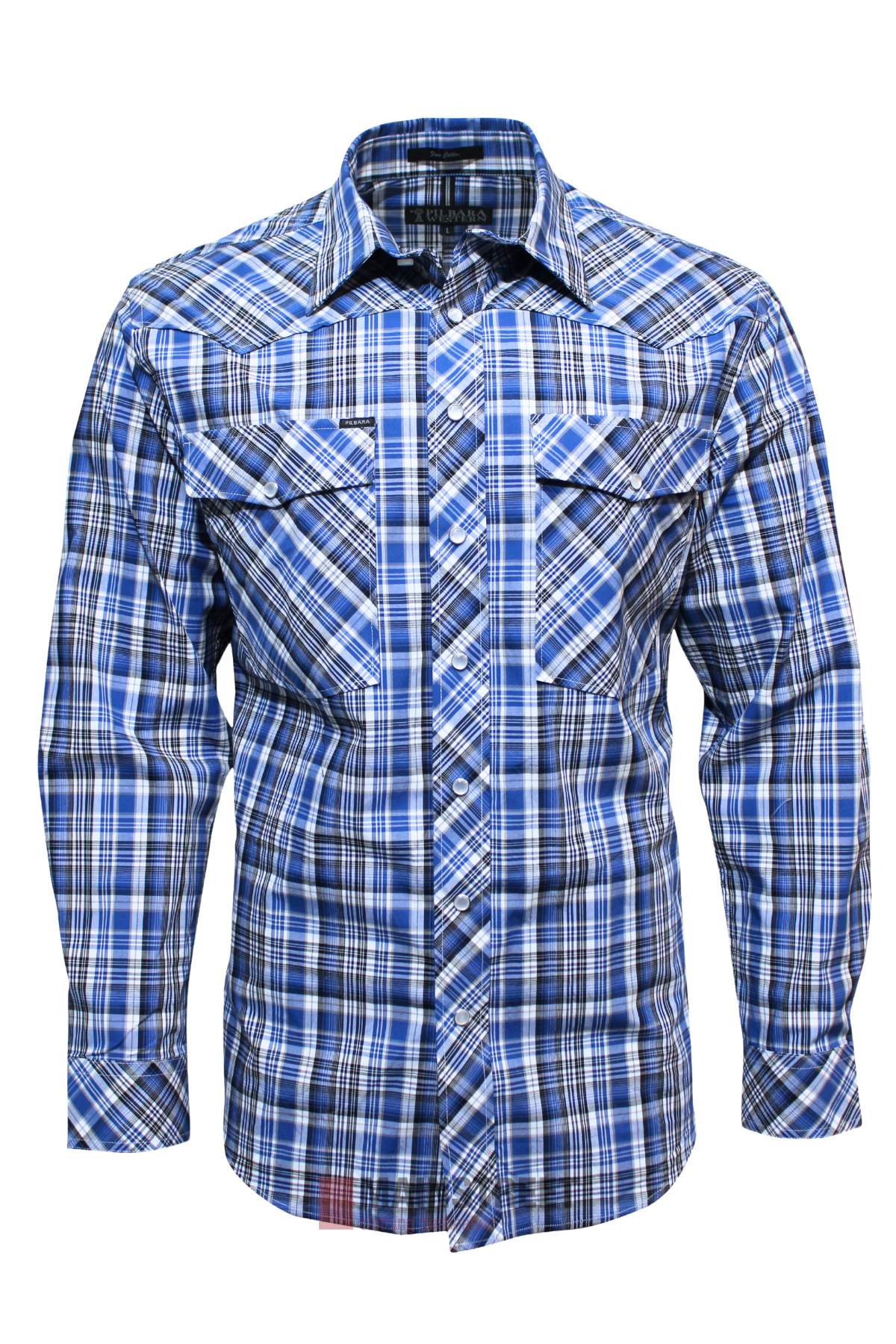 The Pilbara Western Snap Button Long Sleeve Shirt for men features blue, white, and black plaid cotton fabric, snap buttons, and two front chest pockets—a classic and stylish choice.