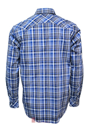 Shown from the back, the Pilbara Western Snap Button Long Sleeve Shirt features a blue, white, and black plaid pattern, pointed collar, buttoned cuffs, and classic long sleeve cotton design.