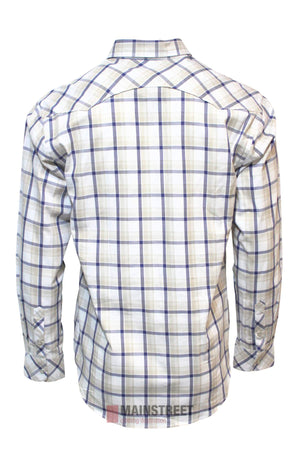 Back view of the Pilbara Western Snap Button Long Sleeve Shirt featuring a white base with blue, gray, and yellow plaid, classic collar, cuffed sleeves, and snap button front for a timeless look.