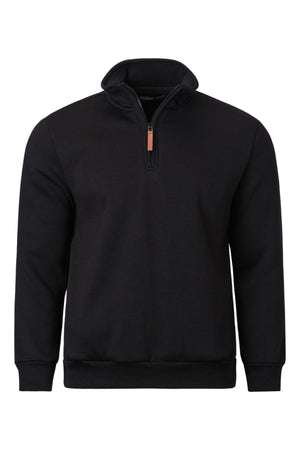 The Pilgrim Quarter Zip Fleece is a black pullover sweatshirt with long sleeves, a standing collar, and brown zipper pull. Made from breathable fabric, it has ribbed cuffs and waistband—ideal for everyday comfort.