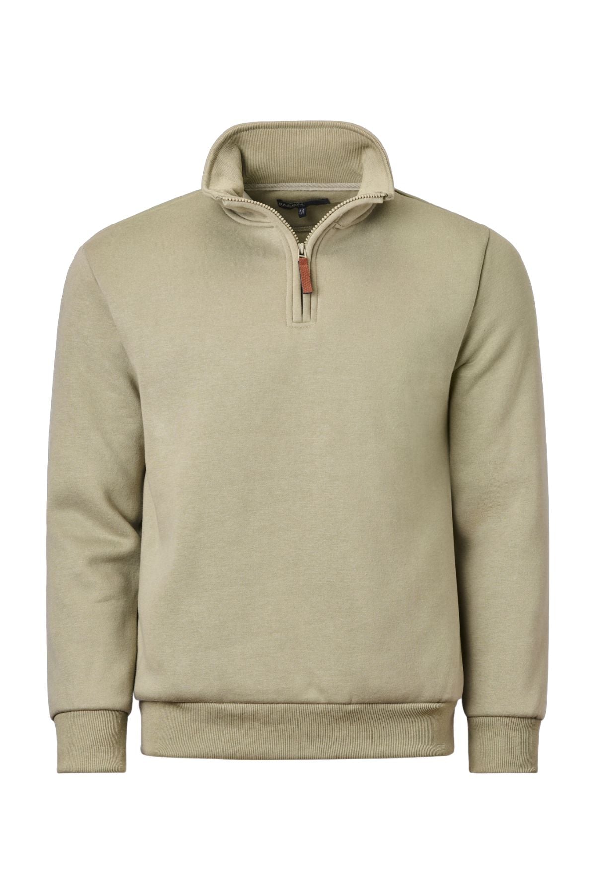 The Pilgrim Quarter Zip Fleece is a light olive green pullover with long sleeves, ribbed cuffs and hem, a stand-up collar, and a brown leather zipper pull. Made from breathable fabric for comfortable everyday wear.
