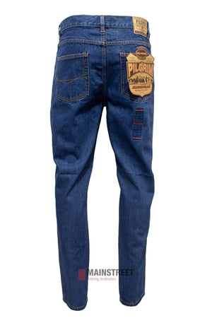 The Pilgrim Jean Regular Fit is shown from the back with two back pockets, large brown Pilgrim labels on the waistband and pocket, a MAINSTREET logo at the bottom, and made from 100% cotton for comfort.