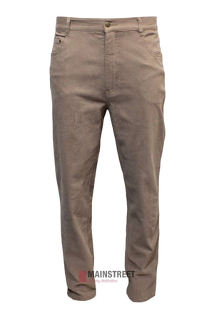 The Pilgrim Moleskin Jean is a pair of light brown, regular fit men's chinos crafted from Cotton/Elastane with front pockets, belt loops, and a button closure, shown against a white background.