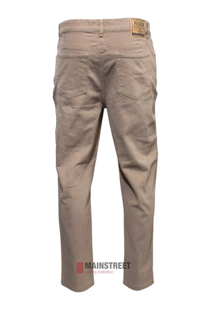 The Pilgrim Moleskin Jean is shown from the back in beige, featuring two rear pockets, belt loops, and a tan label on the waistband. Made from Cotton/Elastane blend, these regular fit pants are displayed against a white background.
