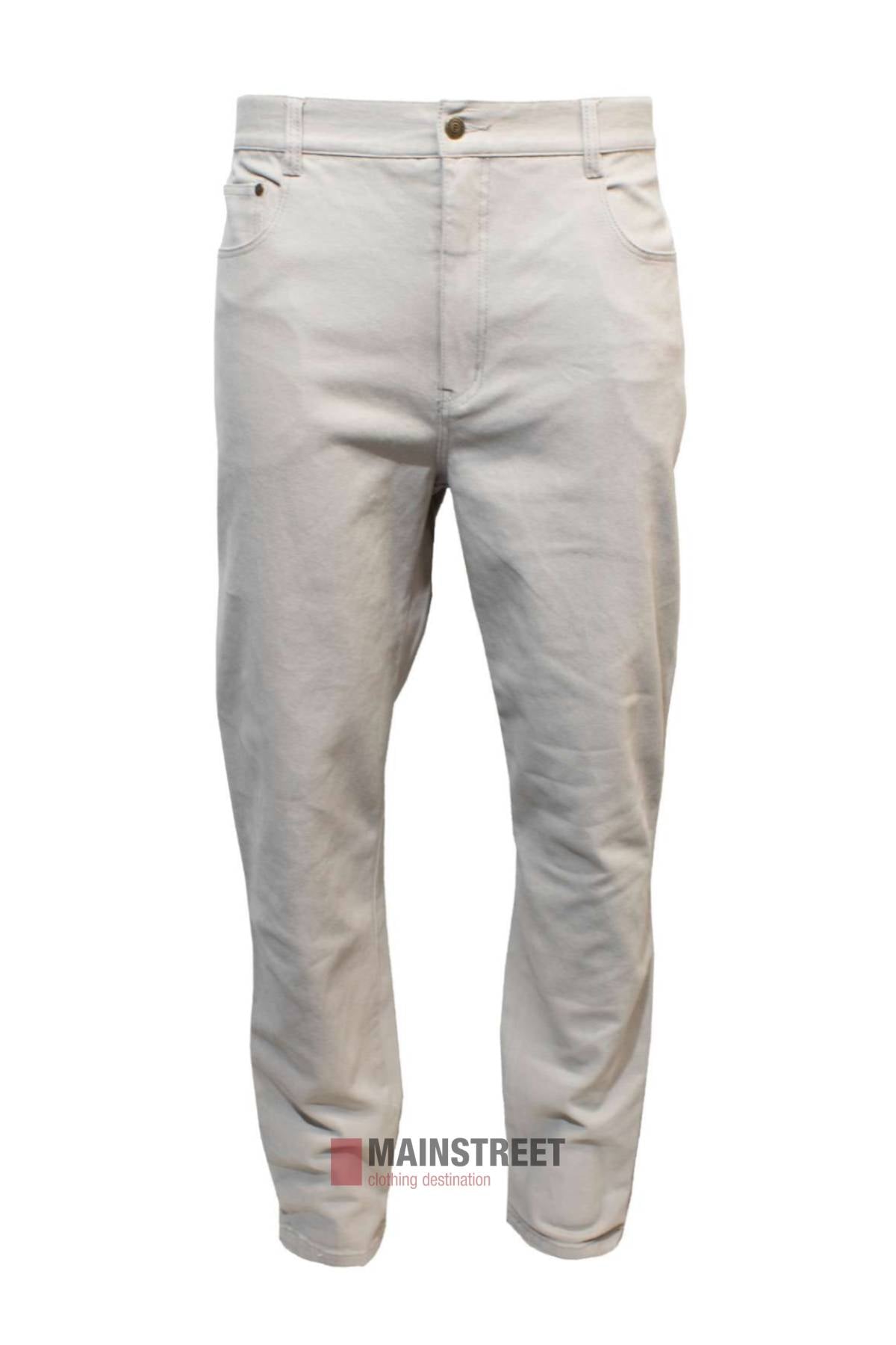 The Pilgrim Moleskin Jean is a pair of light beige men’s trousers in a regular fit with front and back pockets, visible seams, belt loops, and made from comfortable stretch moleskin fabric. Displayed on a white background.