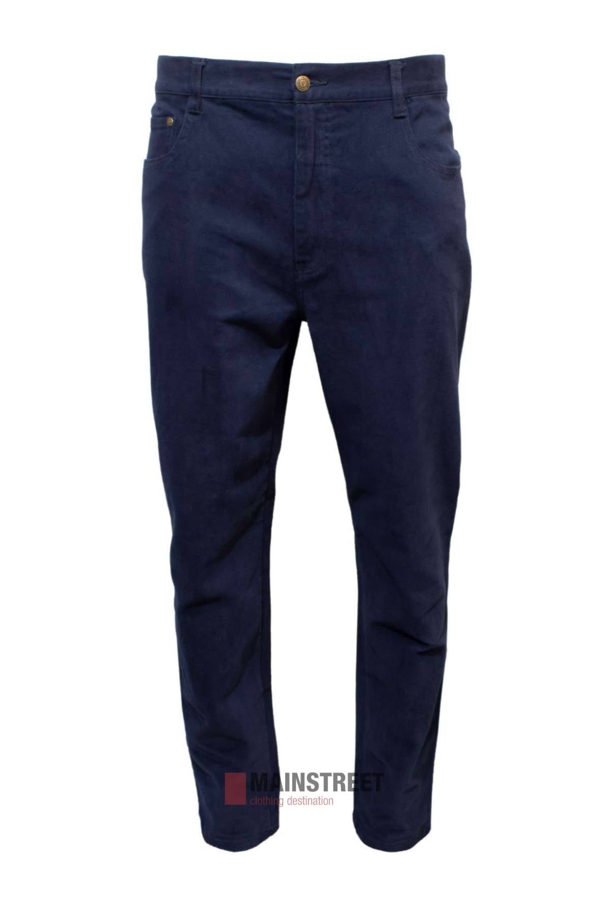 The Pilgrim Moleskin Jean, a pair of dark blue chinos with button and zip closure, front and back pockets, and a regular fit, is displayed against a white background.