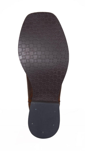 The image shows the bottom view of the Pure Western Denton Boot with a grained leather, dark brown textured sole and smooth black heel, featuring small metal studs at the heel area.