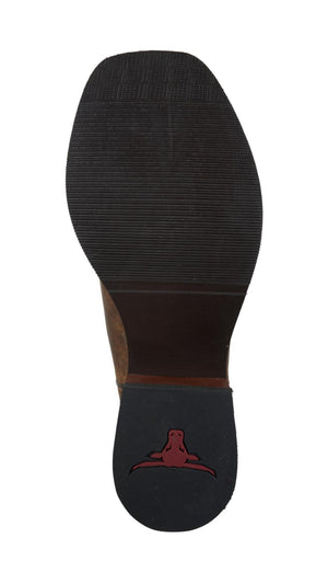 The Pure Western Tolar Boot features a brown leather sole with a textured black bottom, a heel adorned with red-stitched longhorn skull, and a memory foam innersole for all-day comfort.