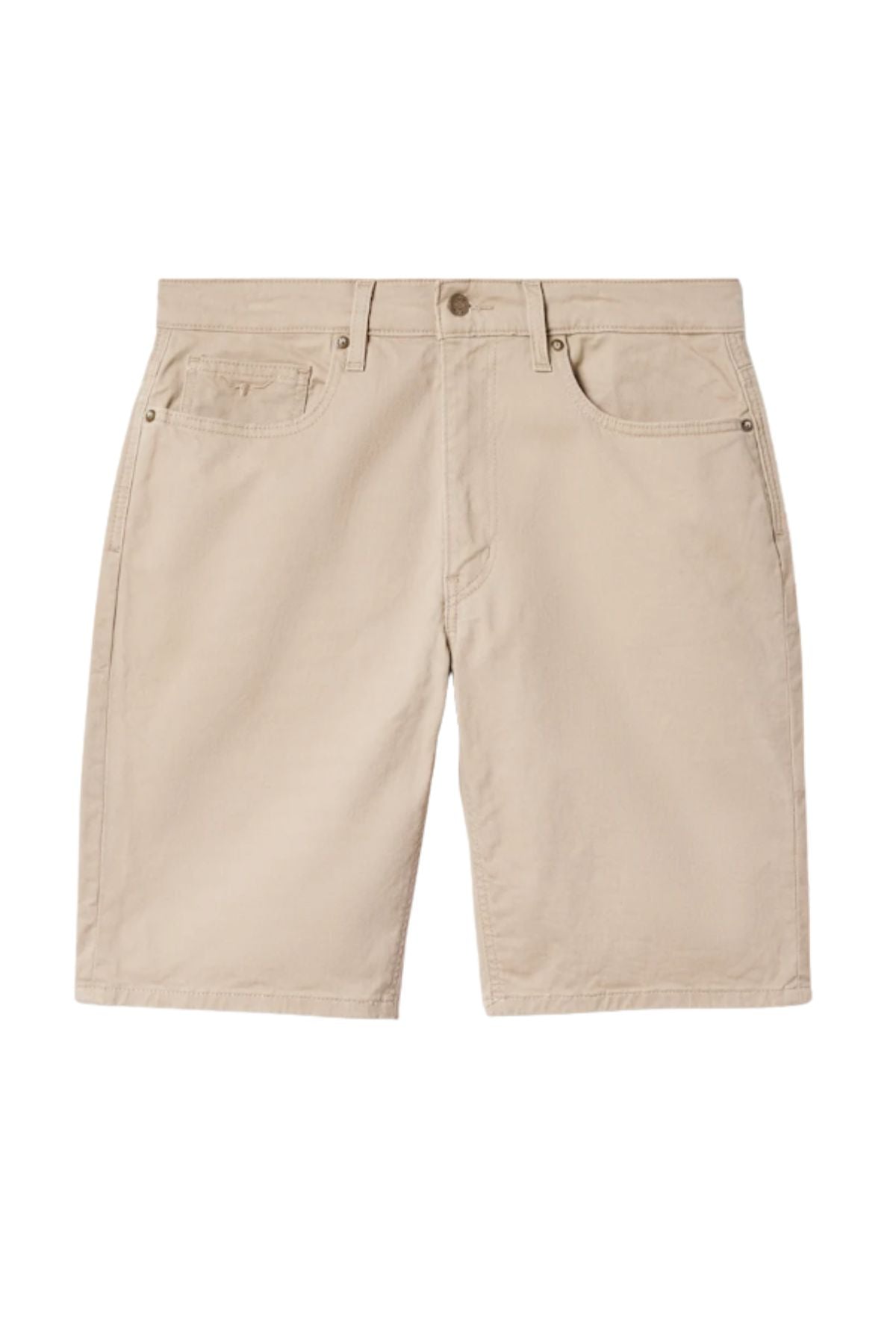 The RM Williams Nicholson Short is a pair of beige khaki shorts in regular fit, made from Australian stretch cotton twill, featuring belt loops, a button and zip closure, plus front and back pockets, shown on a white background.