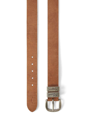 The RM Williams Drover Belt, crafted from vegetable-tanned leather with a smooth yet slightly worn finish, showcases an antique brass buckle adorned with intricate designs and multiple holes for adjustable sizing. It is displayed laid out flat against a white background.