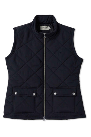 The RM Williams Willippa Vest is a black, quilted, sleeveless piece made from recycled nylon with a front zipper. It features two buttoned pockets, a high collar, and subtle diamond pattern fabric with a visible neck tag.