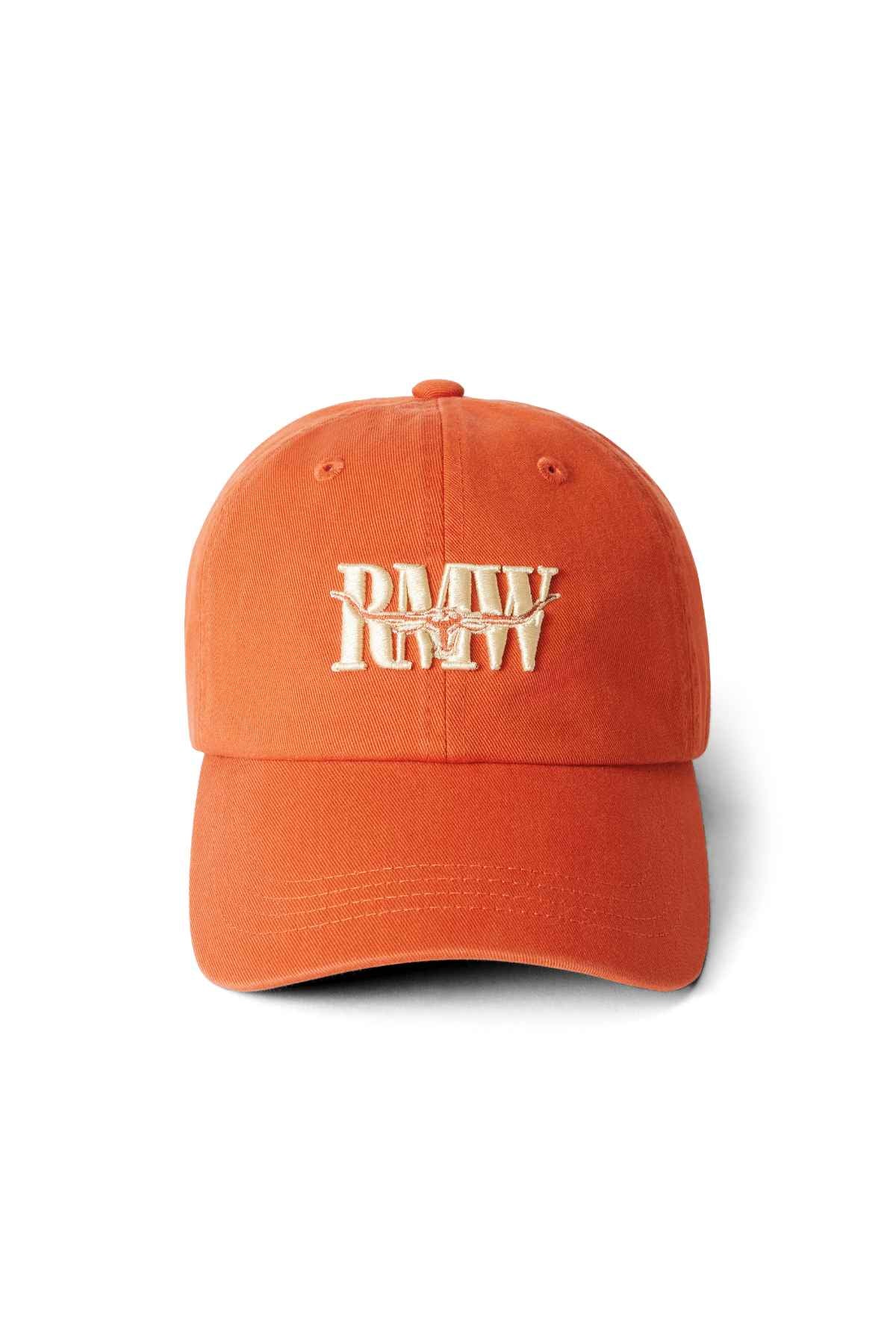 Orange RM Williams Steers Head Cap in cotton twill, featuring a curved brim, off-white embroidered "RMW" logo on the front, ventilation holes on top, and an adjustable strap at the back for comfort.