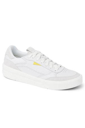 The Reef Bom Dia Shoe is a white low-top with white laces, white sole, and a yellow accent near the side logo. It features a cushioned footbed for all-day comfort and is displayed on a plain white background.