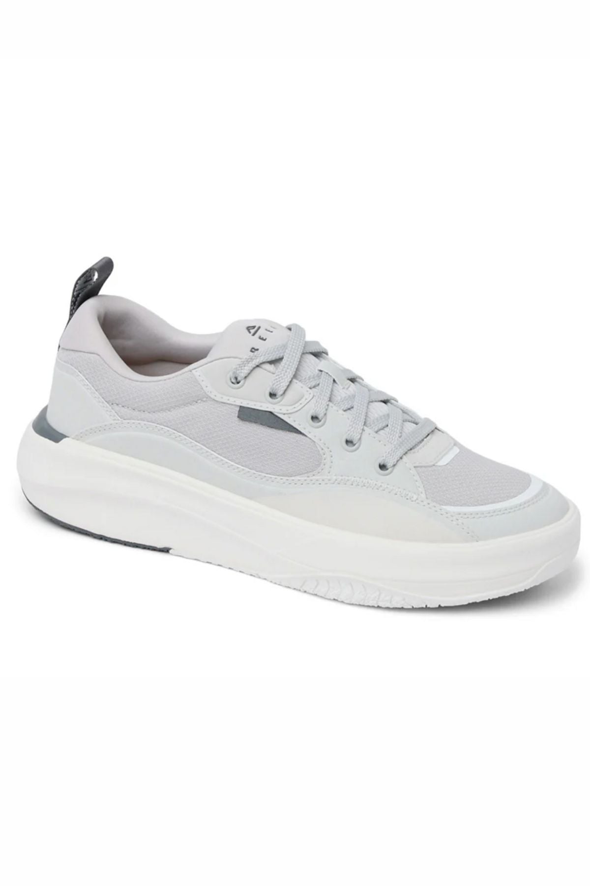 The Reef Fanning Mens Shoe, in light gray with white laces, a thick white sole, and a black heel pull tab, is shown against a plain white background.